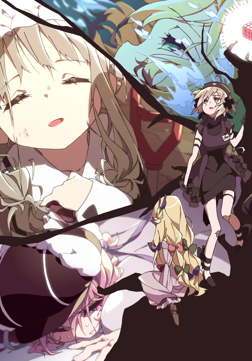 5girls, blonde_hair, boro_(tn-boro), detec_bell, hair_ribbon, half-closed_eyes, hat, long_hair, mahou_shoujo_ikusei_keikaku, mahou_shoujo_ikusei_keikaku_restart, multiple_girls, nokko-chan, on_floor, pechika_(mahoiku), pfle, ribbon, shadowgale, underwater