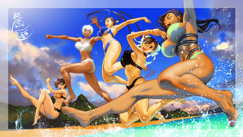 5girls, abs, antenna_hair, artist_request, asymmetrical_hair, barefoot, bikini, black_hair