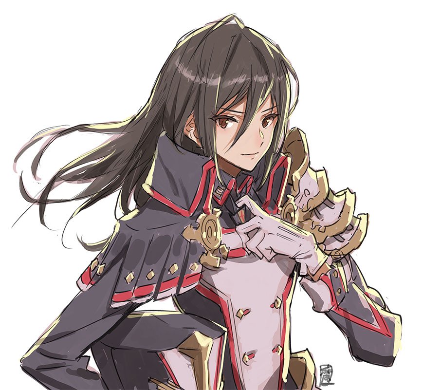 1girl, adjusting_collar, black_hair, brown_eyes, gloves, hair_down, looking_at_viewer, meleph_(xenoblade)