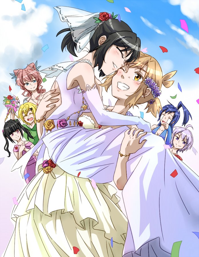 6+girls, ahoge, akatsuki_kirika, black_hair, blonde_hair, blue_eyes, blue_hair, blush