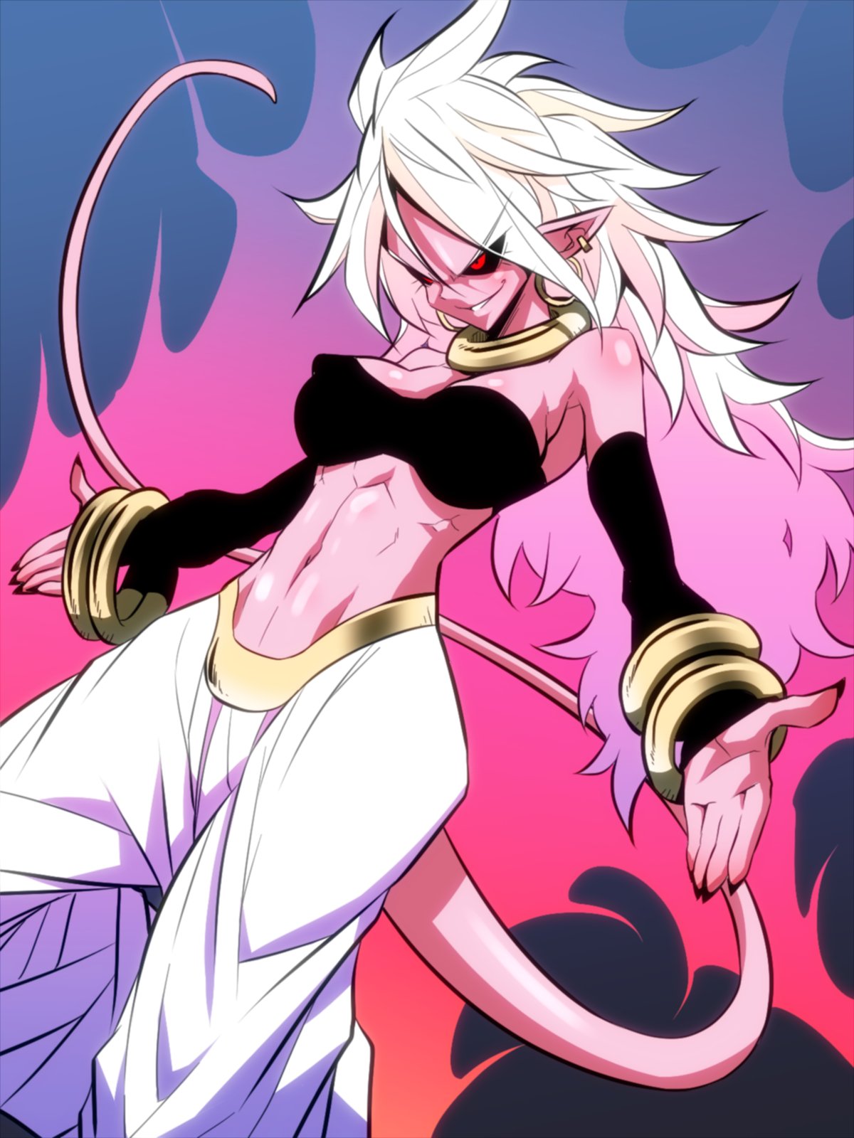1girl, android_21, aura, baggy_pants, bangle, bare_shoulders, black_sclera, bracelet, breasts, cleavage, come_at_me_bro, commentary_request, detached_sleeves, dragon_ball, dragon_ball_fighterz, earrings, evil_grin, evil_smile, grin, harem_pants, highres, hoop_earrings, jewelry, jin_(mugenjin), long_eyebrows, long_hair, majin_android_21, medium_breasts, midriff, monster_girl, navel, neck_ribbon, outstretched_arms, pants, pink_skin, pointy_ears, red_eyes, ribbon, smile, solo, spoilers, strapless, tail, toned, tubetop, white_hair