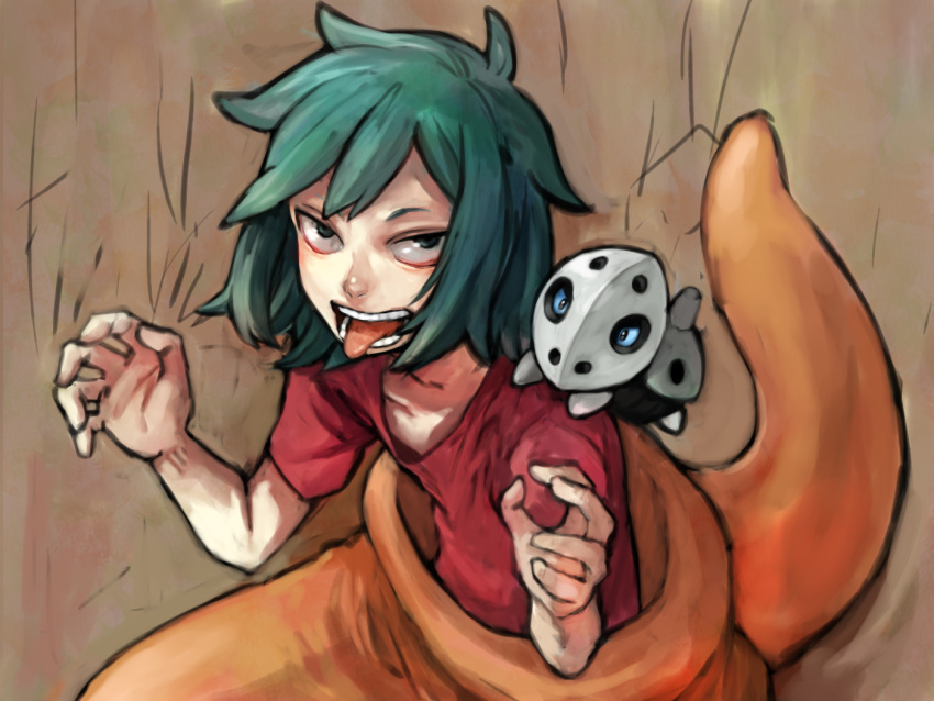 1boy, aron, blue_eyes, green_eyes, green_hair, itirirenn, male_focus, open_mouth, pokemaniac_(pokemon), pokemon, pokemon_(game), pokemon_oras, solo, tail, teeth, tongue, tongue_out