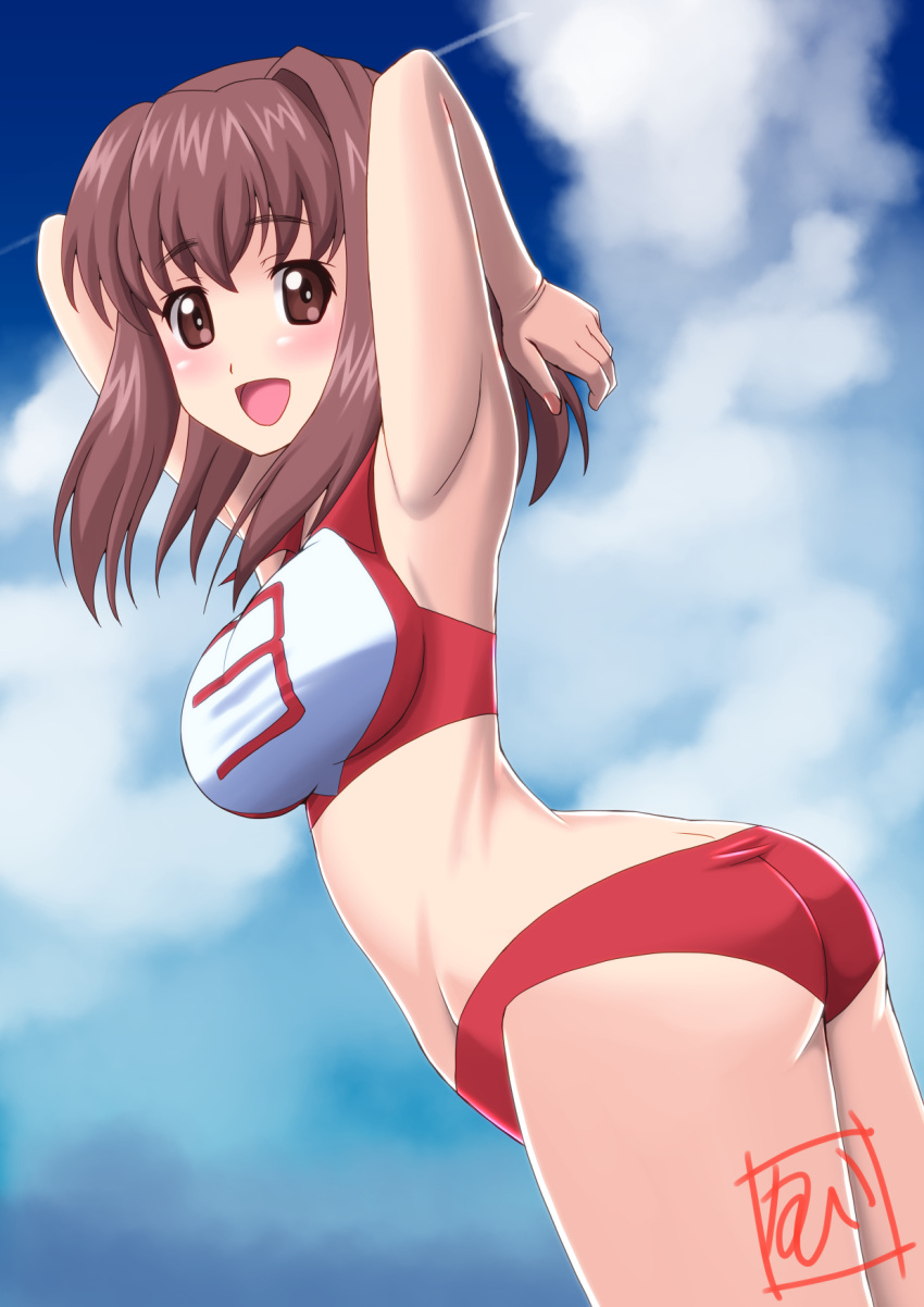 1girl, adapted_uniform, armpits, arms_behind_head, artist_name, ass, bangs, bikini