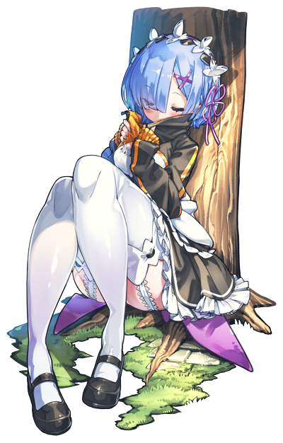 against_tree, black_footwear, blue_hair, borrowed_garments, eyebrows_visible_through_hair, eyes_visible_through_hair, full_body, garter_straps