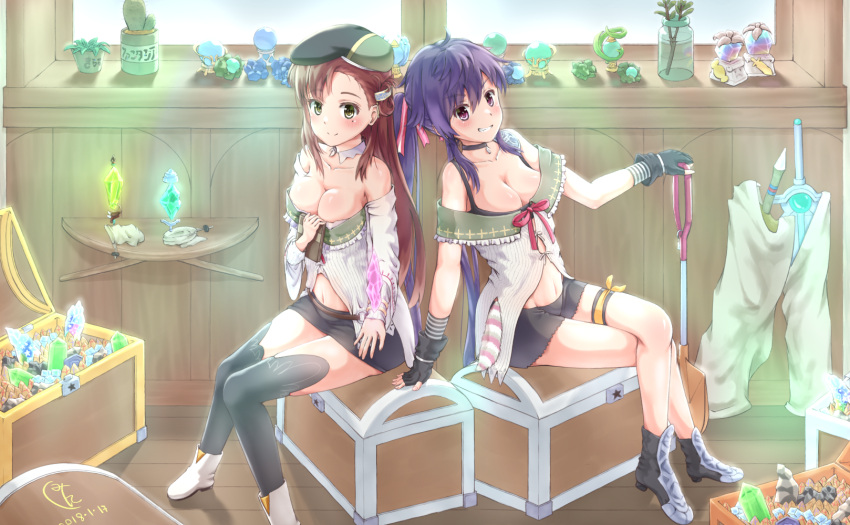 2girls, beret, book, breasts, brown_hair, cactus, cleavage, collarbone, ebisuzawa_kurumi, fingerless_gloves, gakkou_gurashi!, gem, gloves, grin, hair_ornament, hat, highres, jewelry, jiangjin_nanyun_zhi_(kumita), kirara_fantasia, long_hair, looking_at_viewer, medium_breasts, mole, mole_under_eye, multiple_girls, navel, plant, puple_eyes, purple_hair, shovel, sitting, sitting_on_object, smile, sword, treasure_chest, twintails, wakasa_yuuri, weapon, window, worktool