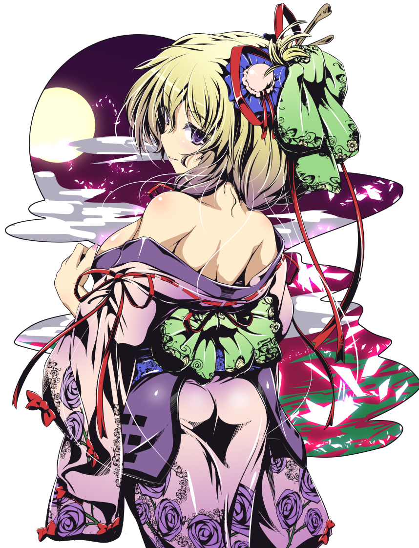 1girl, akatsuki_shimeji, ass, bare_shoulders, blonde_hair, blue_flower, bow, breasts
