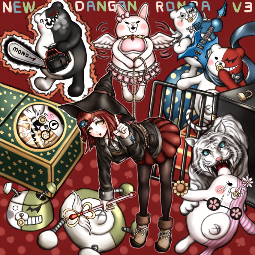 1girl, boots, bow, brown_eyes, chainsaw, dangan_ronpa, hair_ornament, hairclip