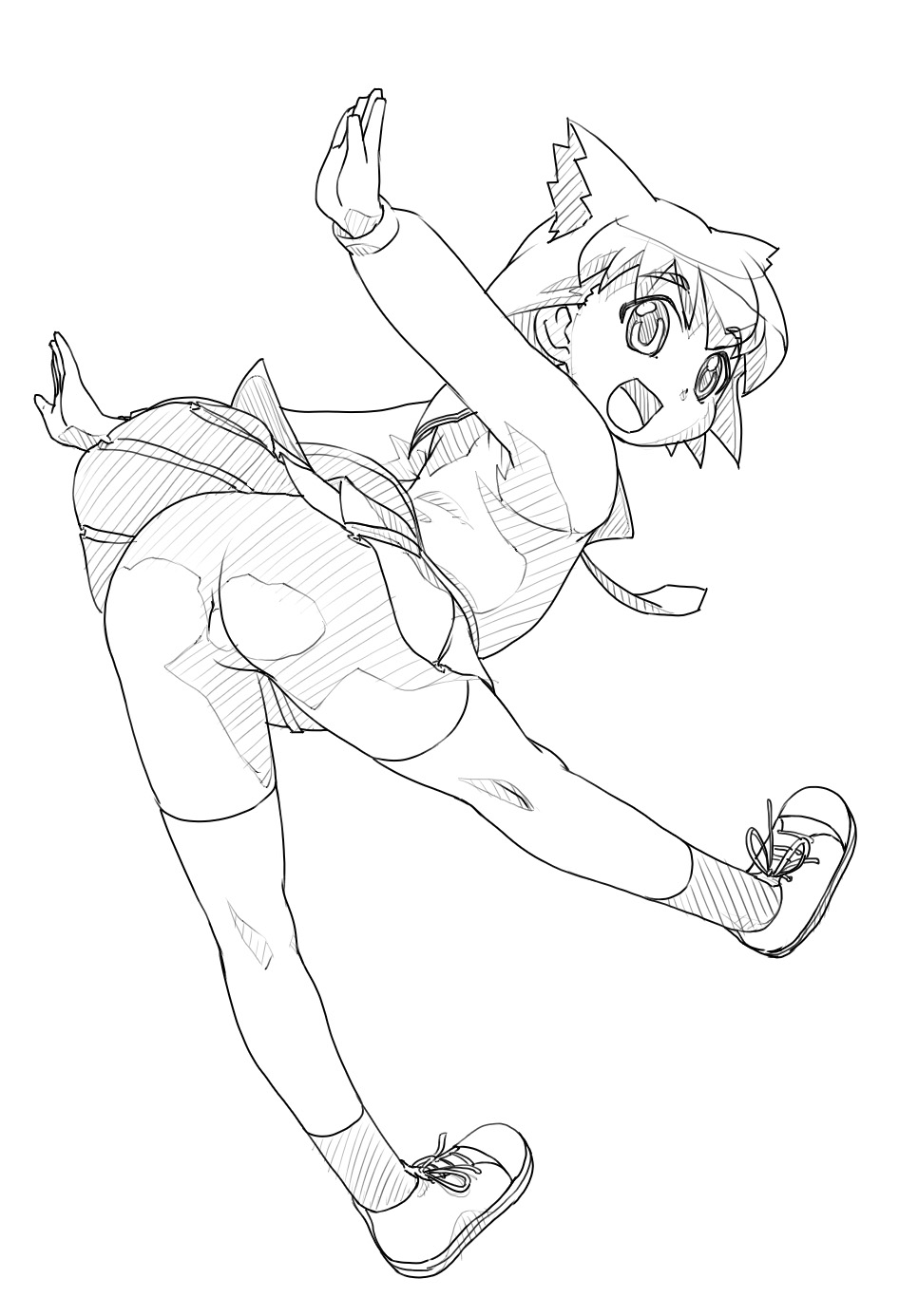 ass, bent_over, bike_shorts, calpara, happy, highres, monochrome, pani_poni_dash