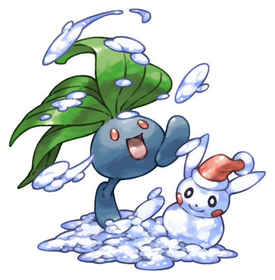 :d, commentary_request, full_body, hat, leaf, no_humans, oddish, open_mouth