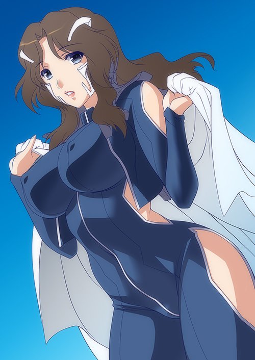 1girl, alternate_costume, arm_cutout, bangs, blue_background, bodysuit, breasts, brown_hair, covered_navel, erect_nipples, gradient, gradient_background, grey_eyes, headgear, impossible_clothes, kuroda_akimi, labcoat, large_breasts, leg_cutout, lips, long_hair, looking_at_viewer, mature, parted_bangs, parted_lips, pilot_suit, side_cutout, skin_tight, solo, soukyuu_no_fafner, synergetic_suit, toomi_chizuru, undressing