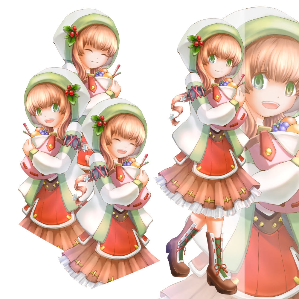 1girl, :d, brown_footwear, brown_hair, brown_skirt, bucket, closed_eyes, ef_(woseisakuchu), fantasy, food, fruit, green_eyes, holly, hood, long_hair, multiple_views, open_mouth, original, skirt, smile, standing, zoom_layer