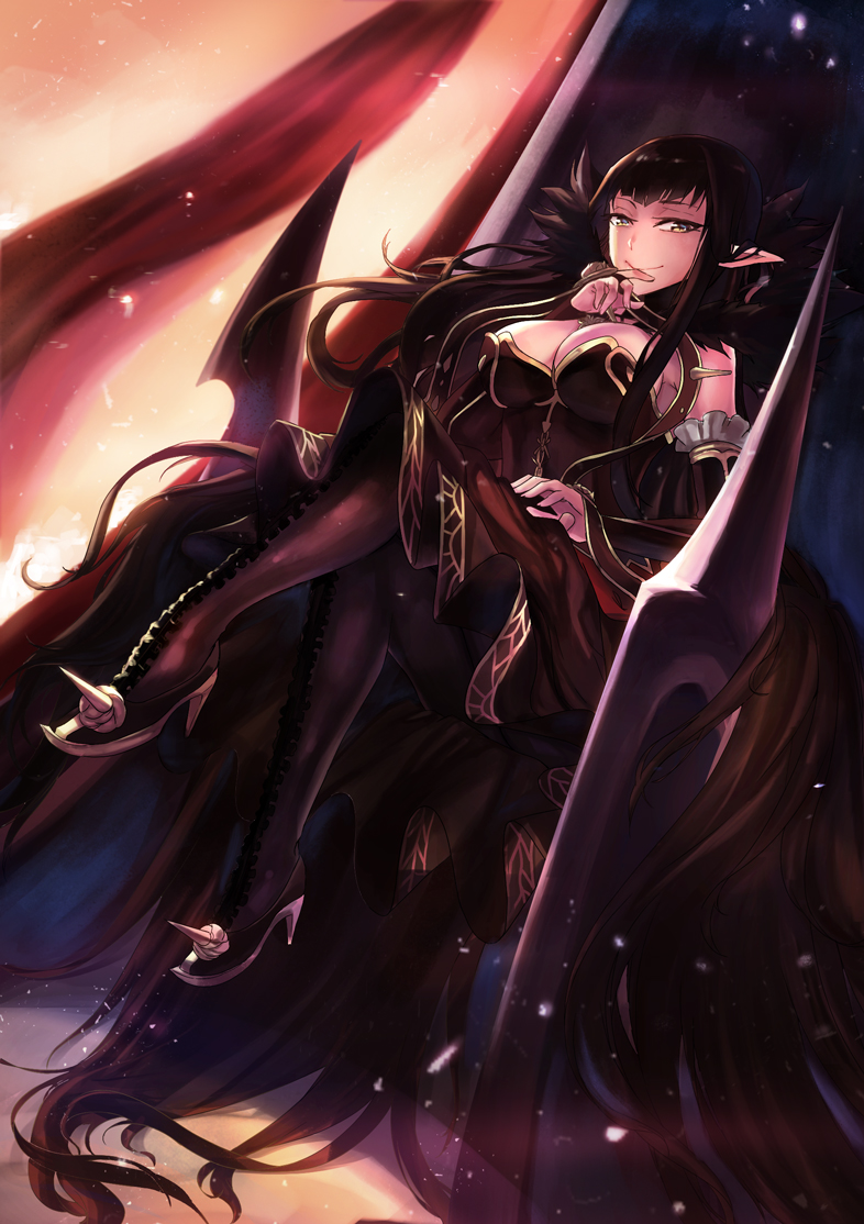 1girl, bare_shoulders, black_dress, black_hair, breasts, cleavage, detached_sleeves, dress, fate/apocrypha, fate_(series), fur_trim, high_heels, huamuan_huamuan, large_breasts, long_hair, looking_at_viewer, pointy_ears, semiramis_(fate), sitting, smile, solo, spikes, throne, very_long_hair