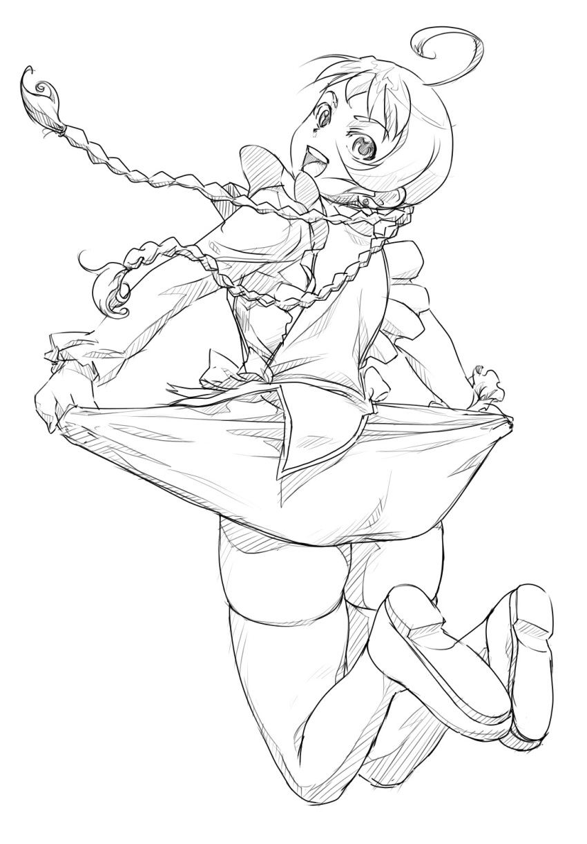 arika_yumemiya, braid, calpara, highres, jumping, looking_back, monochrome, my-otome