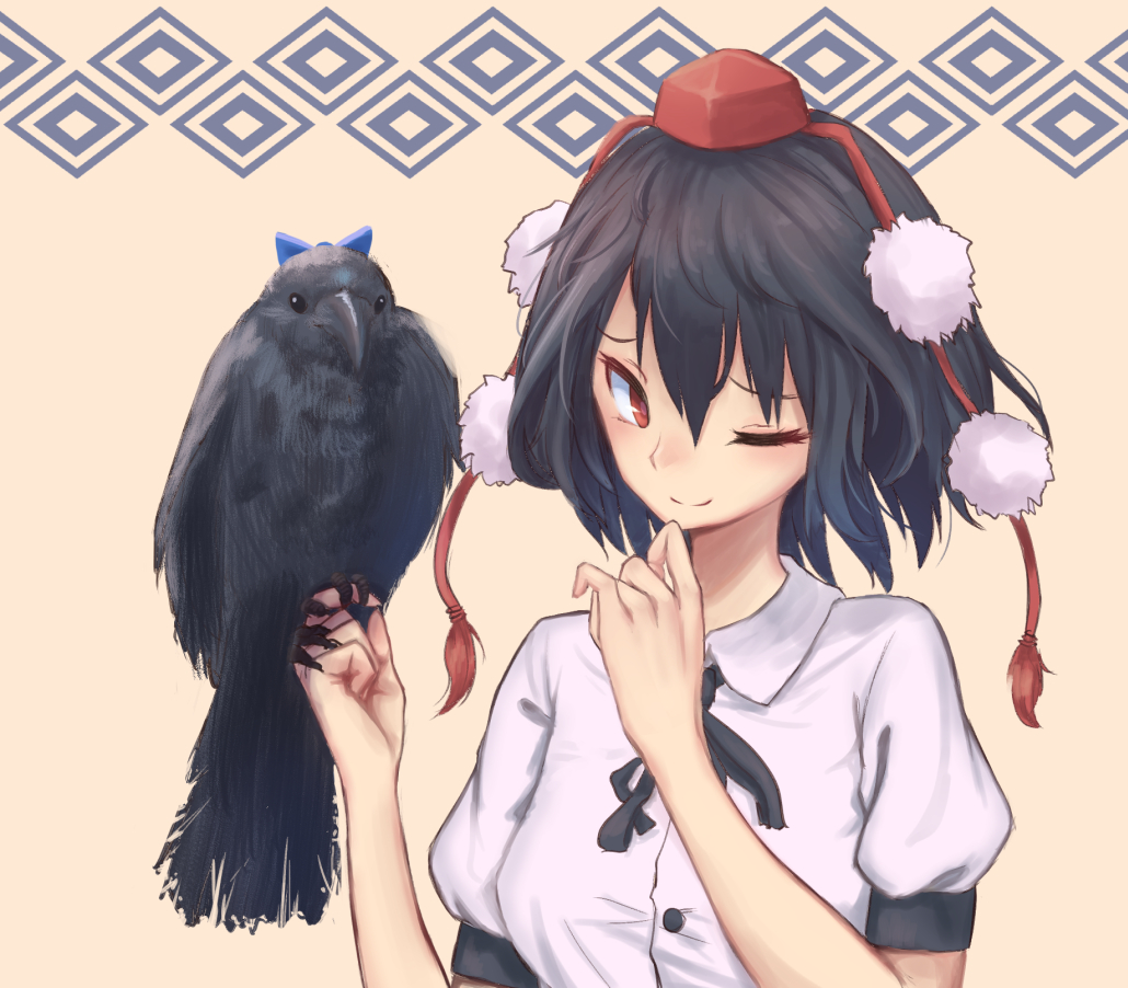 ;), animal, bird, black_hair, black_ribbon, closed_mouth, crow, hat
