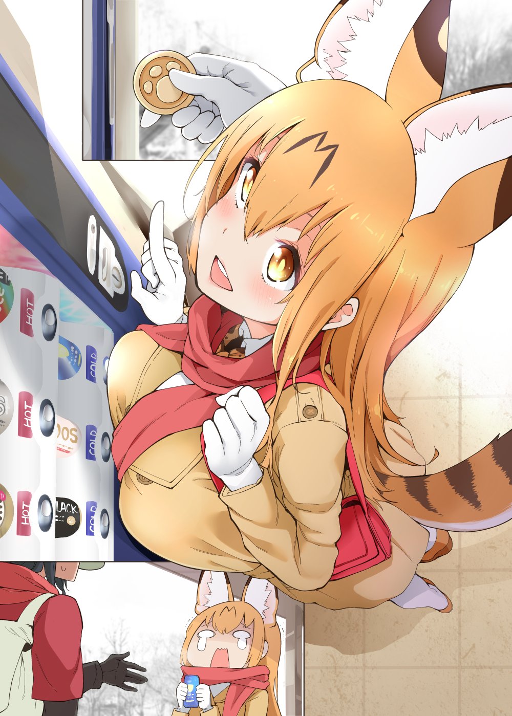 2girls, alternate_breast_size, alternate_costume, animal_ears, backpack, bag, black_gloves, blonde_hair