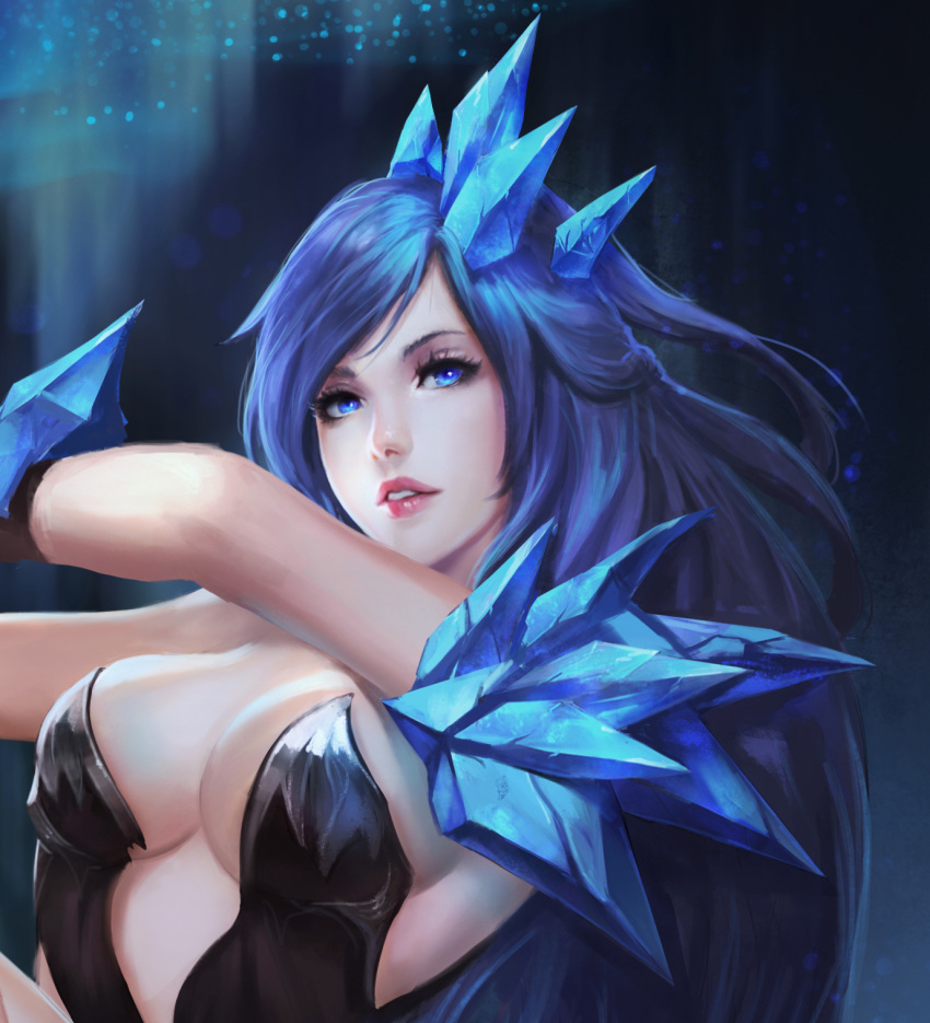 1girl, aurora, bangs, black_leotard, blue_eyes, blue_hair, breasts, cleavage