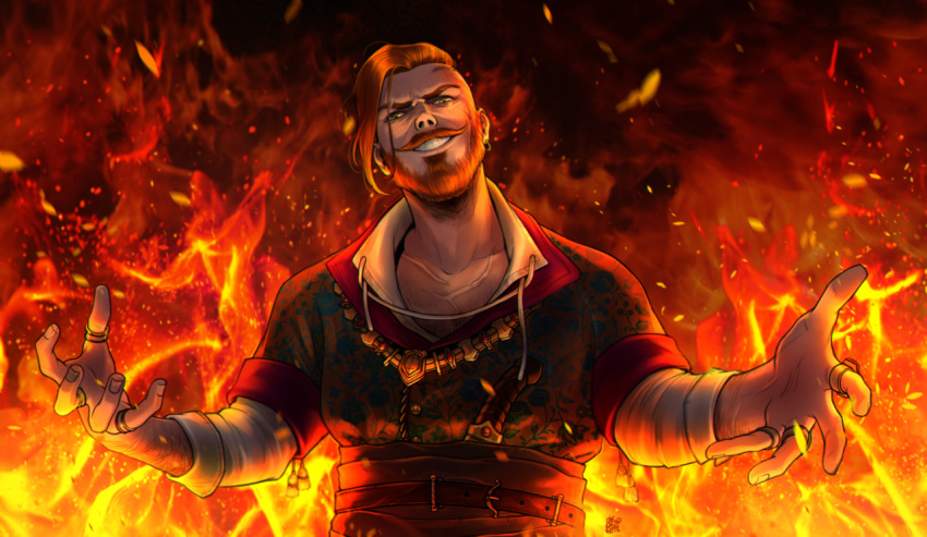 1boy, artist_name, beard, dagger, earrings, facial_hair, fire, freckles