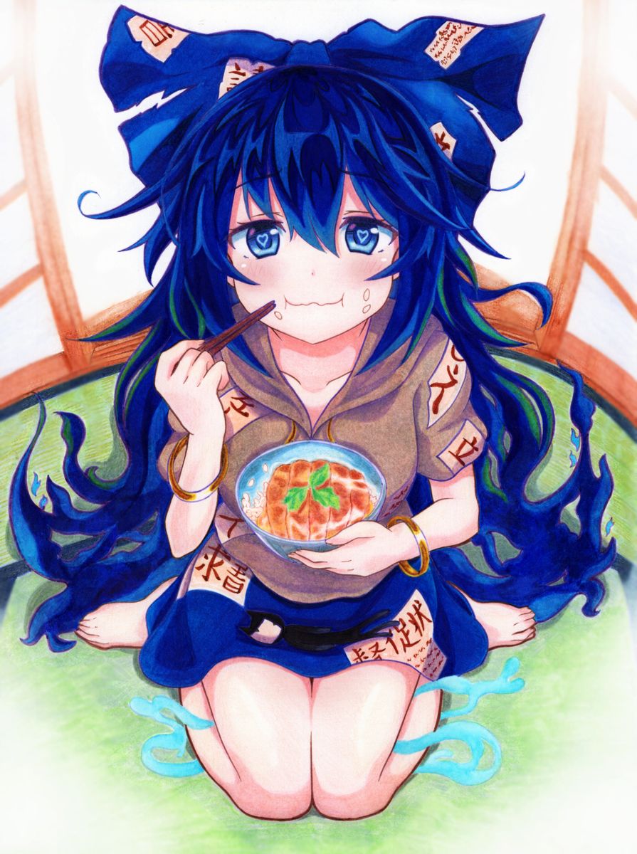 1girl, bangle, bare_legs, barefoot, blue_bow, blue_eyes, blue_hair, blue_skirt