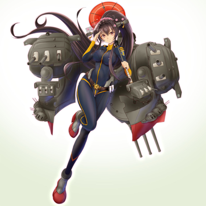 1girl, alternate_costume, black_bodysuit, bodysuit, breasts, brown_hair, cosplay, full_body, gradient, gradient_background, headgear, highres, impossible_clothes, kantai_collection, large_breasts, long_hair, looking_at_viewer, mokerou, oriental_umbrella, ponytail, rigging, salute, skin_tight, solo, turret, uchuu_senkan_yamato, uchuu_senkan_yamato_2199, umbrella, very_long_hair, violet_eyes, yamamoto_akira, yamamoto_akira_(cosplay), yamato_(kantai_collection)