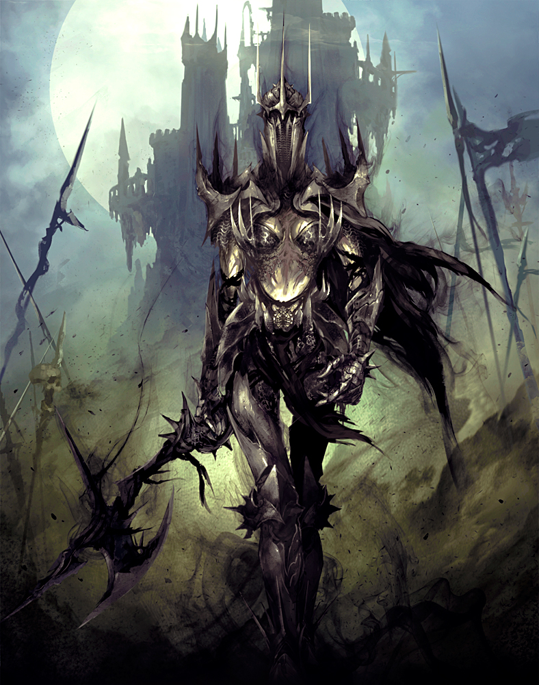 armor, axe, black_cape, boots, cape, castle, dust, facing_viewer, flag, full_body, full_moon, gauntlets, greaves, helmet, holding_axe, lazur_(piccsh), monster, moon, night, original, outdoors, planted_weapon, polearm, shoulder_spikes, skull, solo, spikes, standing, weapon