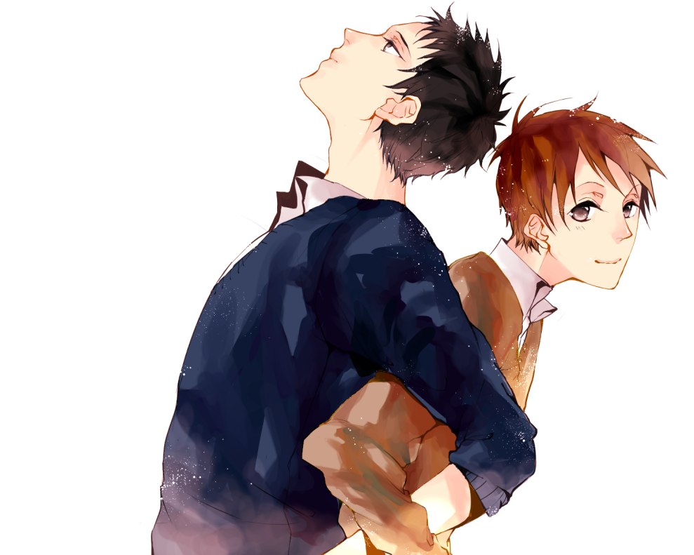 2boys, black_hair, brown_eyes, brown_hair, gakuen_babysitters, kamitani_hayato, kashima_ryuuichi, kazama_tamotsu, locked_arms, looking_at_viewer, looking_up, male_focus, multiple_boys, smile