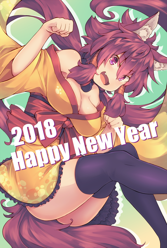 1girl, 2018, :d, animal_ears, bangs, bare_shoulders, black_legwear, breasts, brown_hair, cleavage, commentary_request, eyebrows_visible_through_hair, fang, hair_between_eyes, hair_tubes, happy_new_year, inukami_shino, japanese_clothes, kimono, kuromiya, large_breasts, long_sleeves, looking_at_viewer, new_year, off_shoulder, open_mouth, original, paw_pose, paw_print, print_kimono, sidelocks, smile, solo, tail, thigh-highs, violet_eyes, wide_sleeves, yellow_kimono