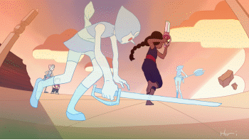 1boy, 2girls, animated, animated_gif, barefoot, braid, connie_maheswaran, fighting, hologram, hori_takafumi, jumping, lowres, multiple_girls, pearl_(steven_universe), perspective, steven_quartz_universe, steven_universe, sword, weapon