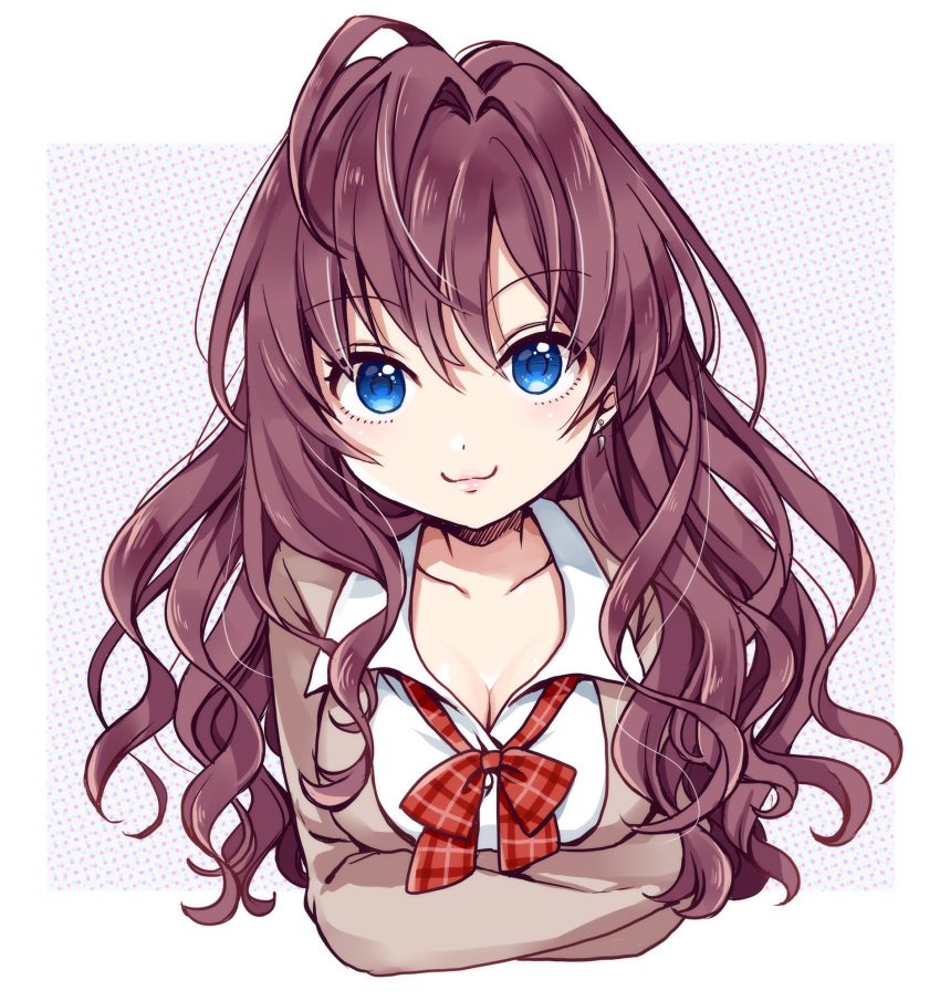 1girl, :3, ahoge, blue_eyes, blush, bow, bowtie, breasts