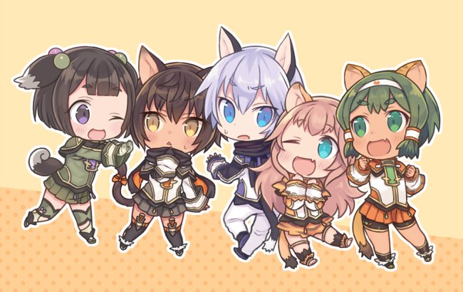 1boy, 4girls, animal_ears, bangs, black_hair, blue_eyes, blush, cat_ears, cat_girl, cat_tail, catboy, chazuke_ikura, chibi, dark_skin, dog_ears, dog_girl, dog_tail, eyebrows, fang, farfalia, green_hair, hair_bobbles, hair_ornament, hannah_blaze, ledo_vassar, lion_ears, lion_girl, lion_tail, long_hair, multiple_girls, one_eye_closed, open_mouth, pink_hair, pop-up_story, renge_miyamoto, short_hair, silver_hair, skirt, smile, suzuna_isurugi, sweatdrop, tail, tiger_ears, tiger_girl, violet_eyes, yellow_eyes