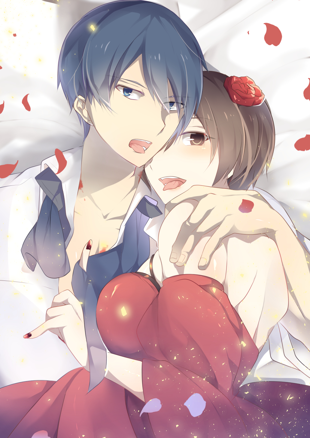 1boy, 1girl, akujiki_musume_conchita_(vocaloid), arm_around_back, ascot, banica_conchita, bare_shoulders, bed_sheet
