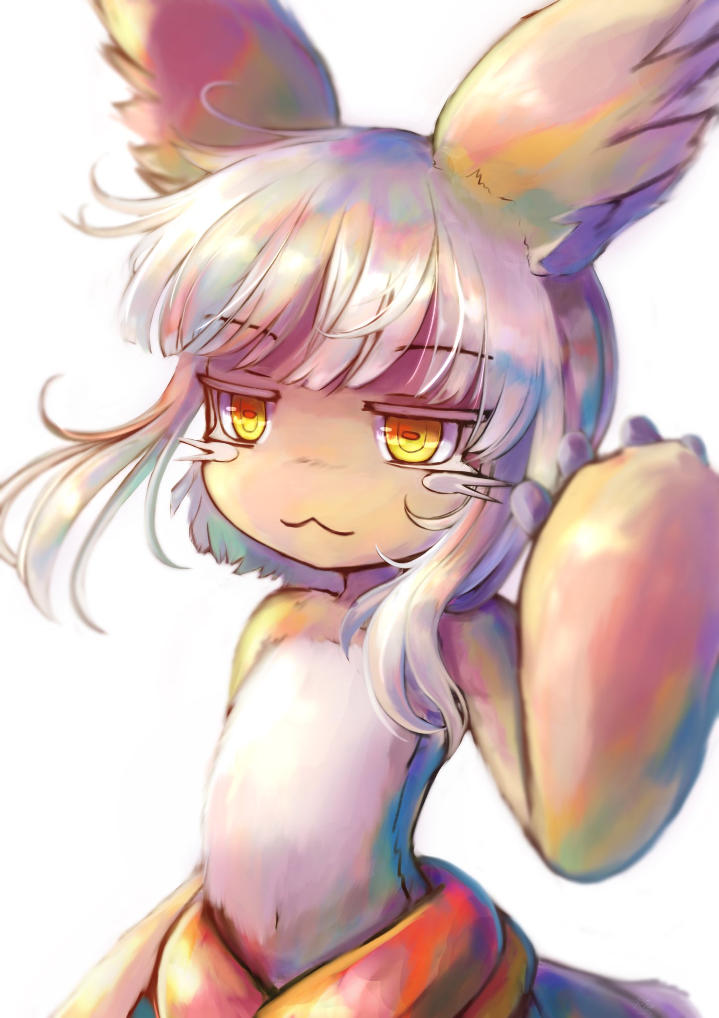 1girl, :3, animal_ears, bangs, blunt_bangs, closed_mouth, commentary_request, eyebrows_visible_through_hair, furry, highres, horizontal_pupils, looking_at_viewer, made_in_abyss, military, military_uniform, nanachi_(made_in_abyss), naval_uniform, paws, puffy_pants, ria_(efikrisia), short_hair, sidelocks, silver_hair, simple_background, solo, standing, uniform, upper_body, white_background, yellow_eyes