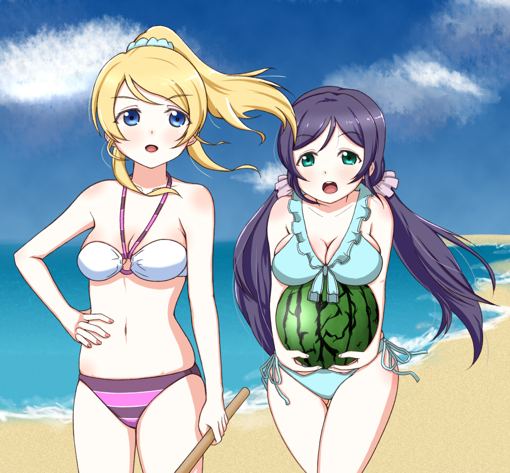 2girls, ayase_eli, bikini, breasts, love_live!, love_live!_school_idol_project, skull573, swimsuit