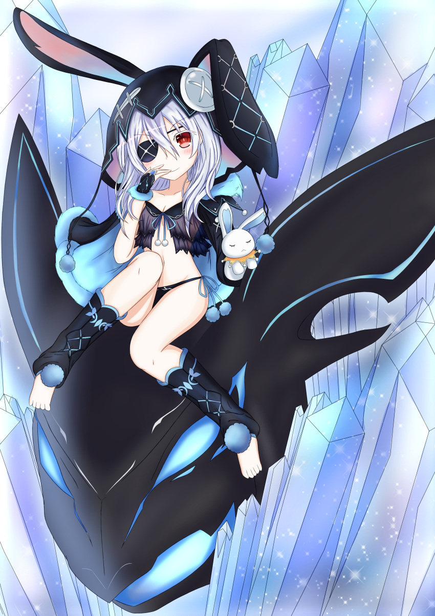 1girl, absurdres, animal_hood, bare_shoulders, barefoot, black_footwear, black_hoodie, black_panties