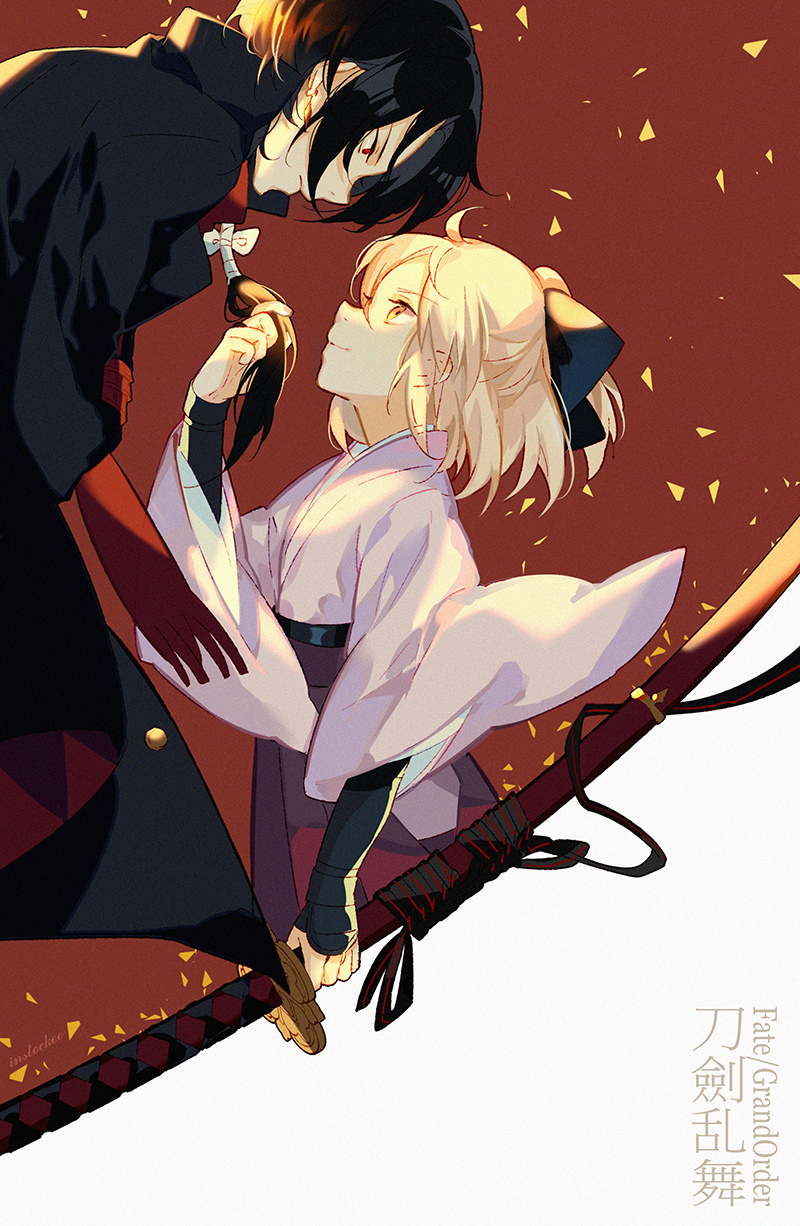 1boy, 1girl, artist_name, blonde_hair, bow, copyright_name, crossover, eye_contact