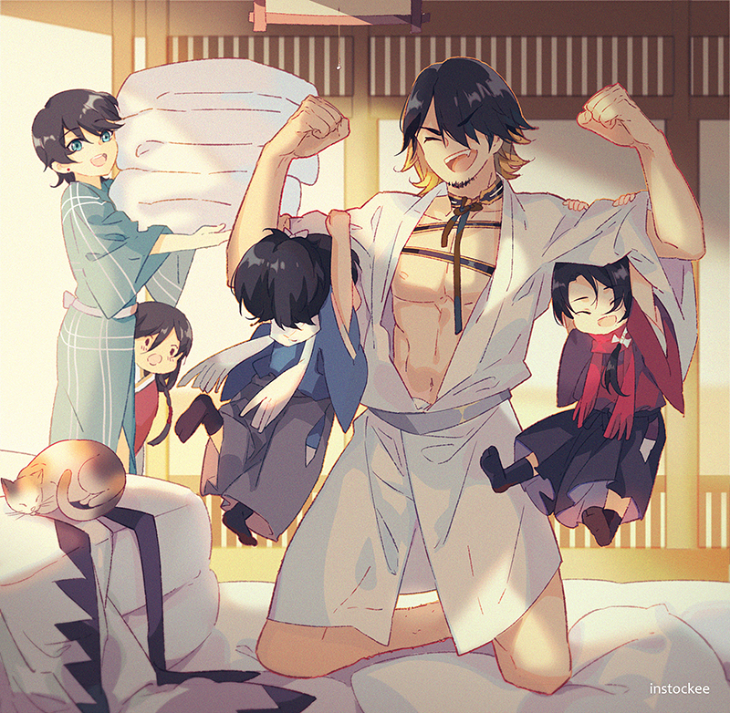 5boys, :d, areolae, artist_name, black_hair, calico, cat, child, closed_eyes, dangling, earrings, futon, horikawa_kunihiro, instocklee, izumi-no-kami_kanesada, japanese_clothes, jewelry, kashuu_kiyomitsu, kneeling, multicolored_hair, multiple_boys, muscle, nagasone_kotetsu, open_mouth, peeking_out, pillow, scarf, shinsengumi, smile, touken_ranbu, white_scarf, yamato-no-kami_yasusada, younger