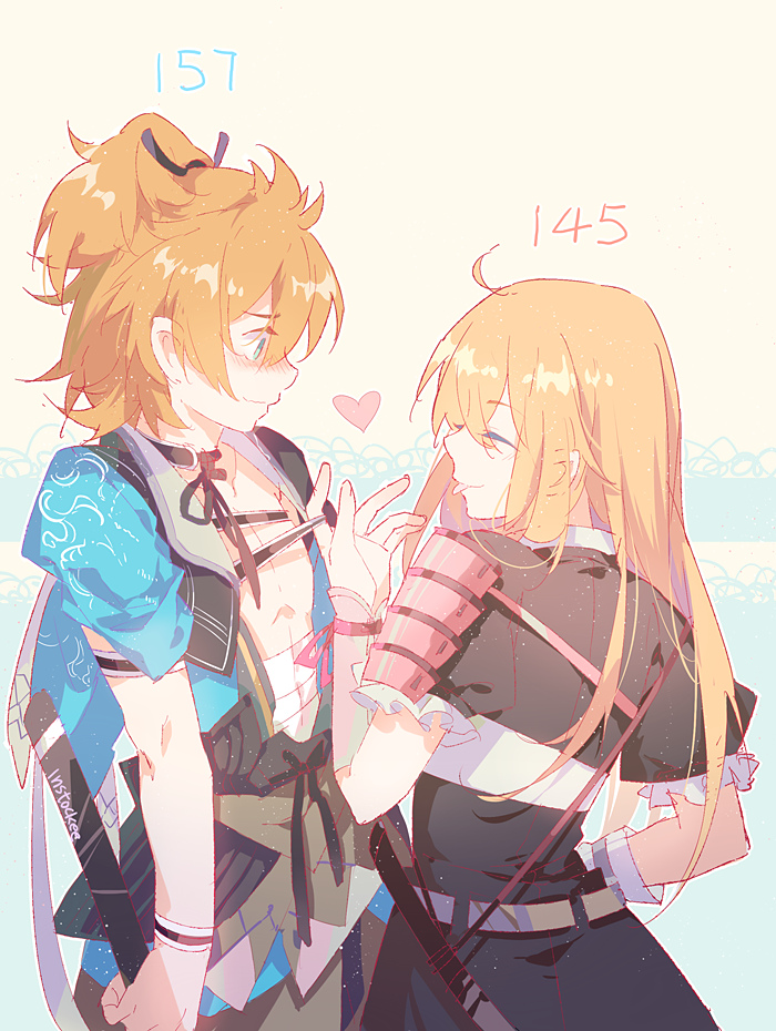 2boys, artist_name, blonde_hair, closed_eyes, colored_eyelashes, frills, heart, height_difference