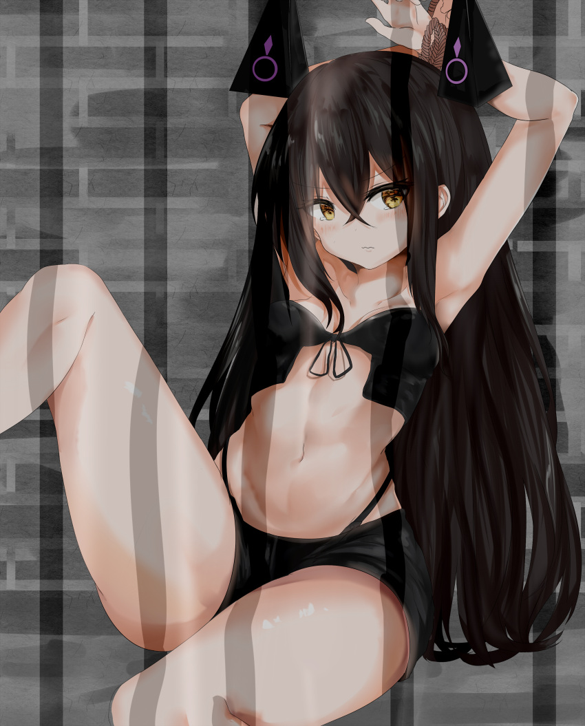 1girl, absurdres, arms_up, bangs, black_hair, black_panties, black_shorts, blush