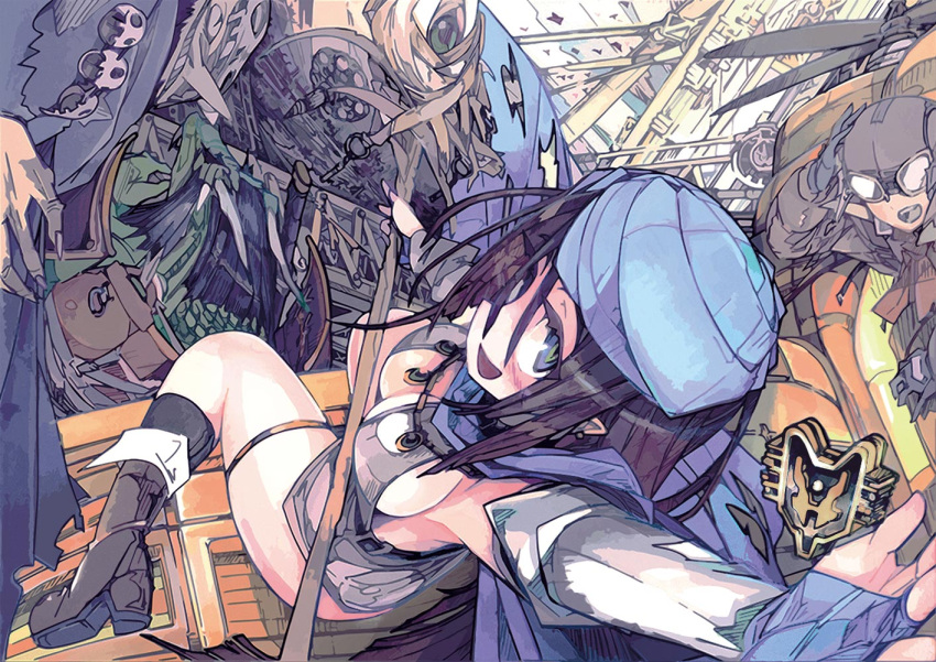 1girl, :d, battle_garegga, black_footwear, black_hair, black_legwear, blue_eyes, boots, breasts, bridal_gauntlets, center_opening, chitta_(mahou_daisakusen), earrings, eyebrows, gem, green_eyes, holding, holding_staff, jewelry, legs_apart, long_hair, mahou_daisakusen, medium_breasts, multicolored, multicolored_eyes, no_bra, open_mouth, platform_boots, platform_footwear, pointy_ears, sideboob, sideways_mouth, sitting, smile, socks, staff, suraba, thigh_strap, turban, unitard, wariza