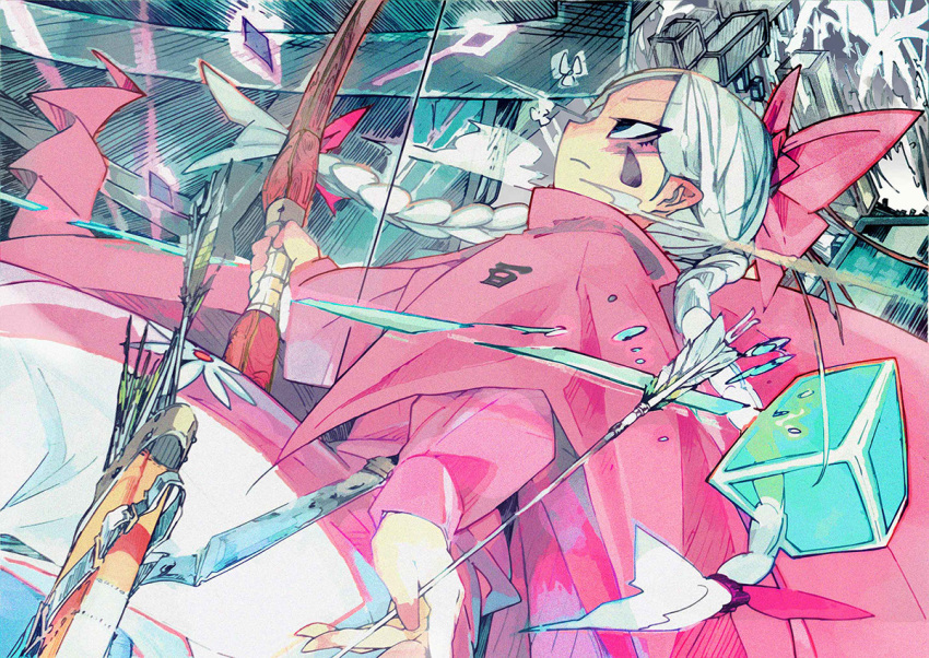 1girl, arrow, blue_eyes, bow, bow_(weapon), braid, cape, closed_mouth, cube, dutch_angle, eyebrows, eyebrows_visible_through_hair, facial_mark, flower, frown, hair_bow, holding, holding_arrow, holding_bow_(weapon), holding_weapon, long_hair, long_sleeves, marker_(medium), pants, pink_bow, pink_cape, pink_pants, pink_shirt, pointy_ears, quiver, shirt, shooting_flower, sideways_mouth, solo, specialist_(shooting_flower), suraba, teardrop, traditional_media, tsurime, twin_braids, weapon, white_hair