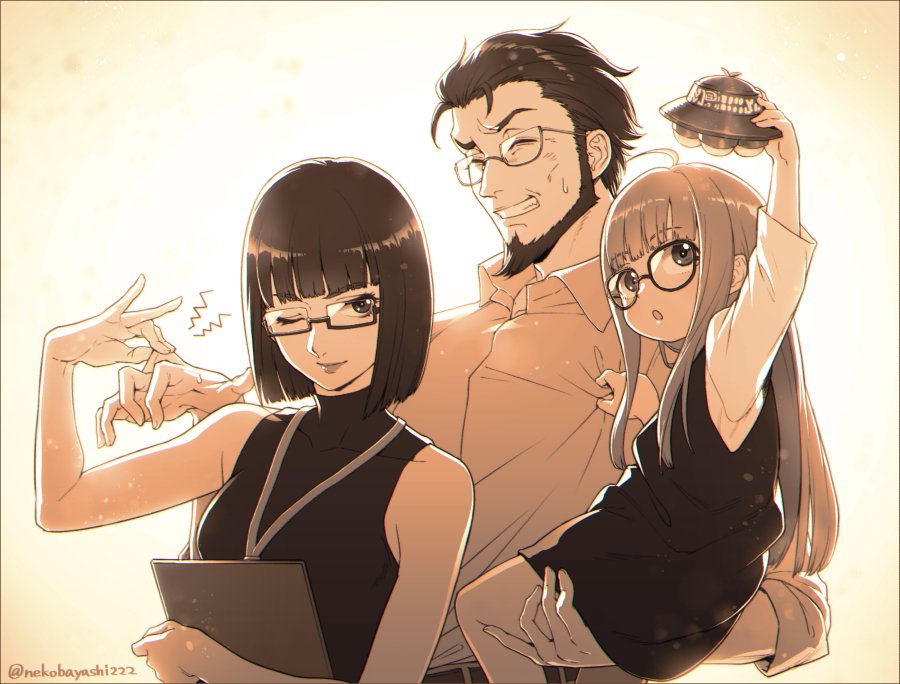 1boy, 2girls, beard, closed_eyes, facial_hair, glasses, isshiki_wakaba, monochrome, mother_and_daughter, multiple_girls, necronomicon_(persona_5), nekorin_(nekoforest), one_eye_closed, persona, persona_5, pinching, sakura_futaba, sakura_soujirou, twitter_username, ufo, younger