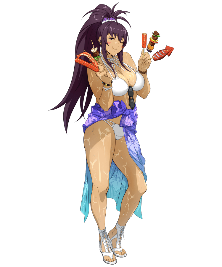 1girl, amanomiya_ayame, bikini, blush_stickers, bracelet, breasts, eating, eyewear_removed