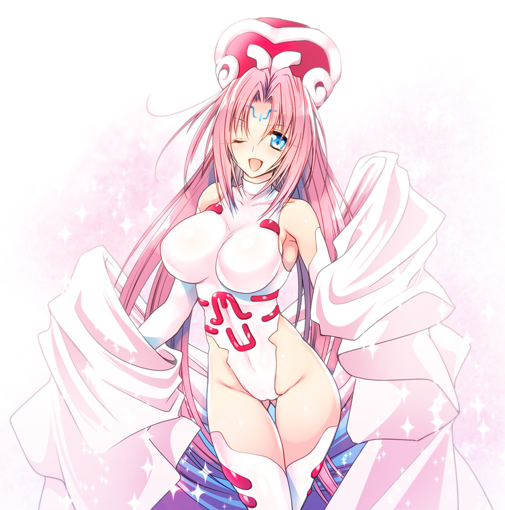 1girl, blue_eyes, blush, breasts, cowboy_shot, elbow_gloves, facial_mark, gloves