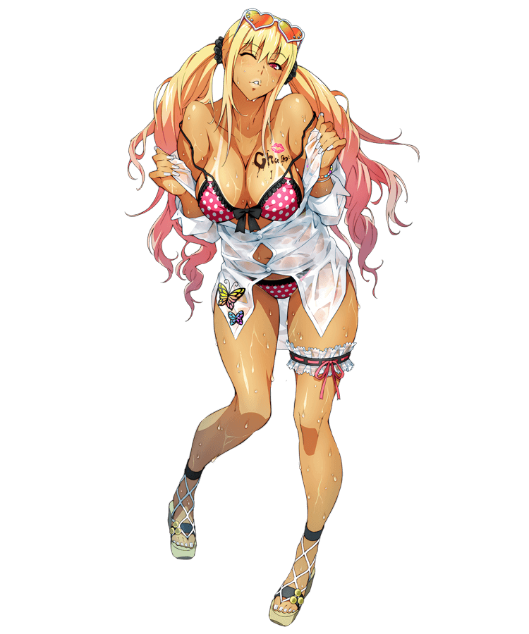 1girl, bikini, bikini_tan, bracelet, breasts, butterfly, eyebrows_visible_through_hair, eyewear_on_head