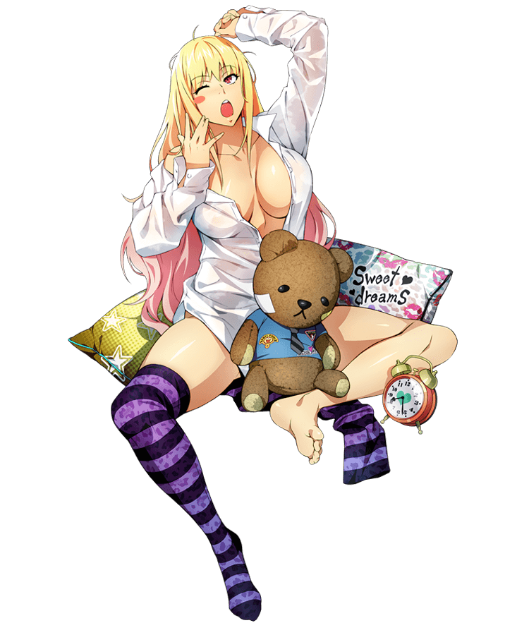 1girl, alarm_clock, arm_up, barefoot, blonde_hair, blush_stickers, clock, eyebrows_visible_through_hair