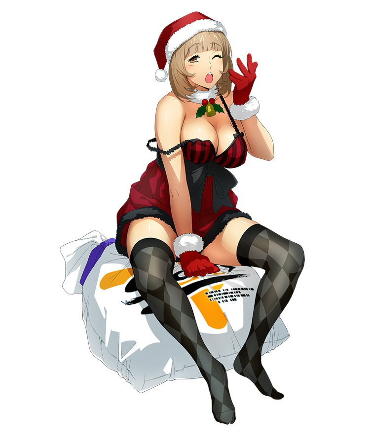 1girl, argyle, argyle_legwear, bangs, between_legs, black_legwear, blunt_bangs, breasts, brown_eyes, brown_hair, cleavage, eyebrows_visible_through_hair, full_body, fur_collar, fur_trim, gloves, hand_between_legs, hand_on_own_face, hat, katrina_company, large_breasts, looking_at_viewer, mistletoe, no_shoes, official_art, red_gloves, santa_costume, santa_hat, short_hair, sitting, skirt, solo, spaghetti_strap, strap_slip, super_robot_wars, super_robot_wars_x-omega, thigh-highs, transparent_background, upper_teeth, watanabe_wataru, yawning