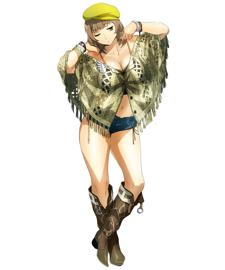 1girl, arms_up, boots, bracelet, breasts, brown_eyes, brown_hair, cleavage
