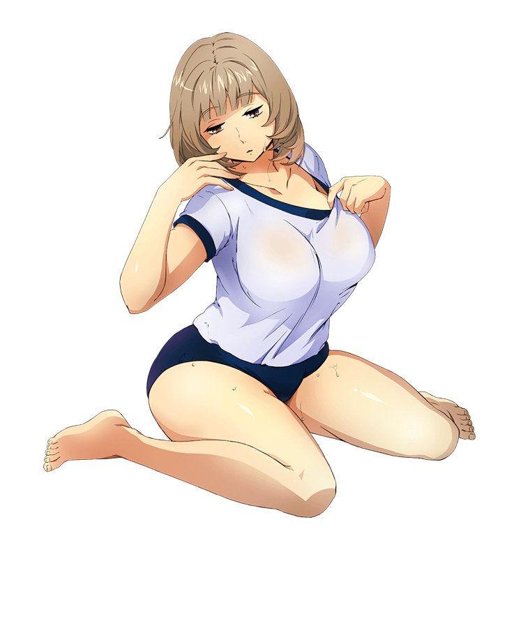 1girl, bare_legs, barefoot, breasts, brown_eyes, brown_hair, buruma, collarbone