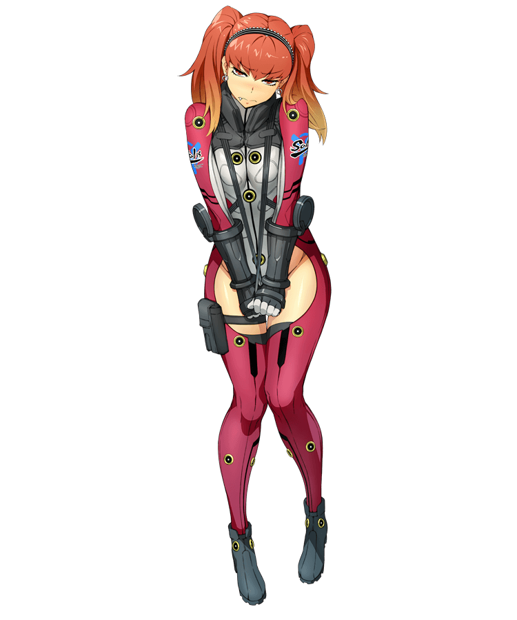 1girl, bertha_bernstein, blonde_hair, bodysuit, eyebrows_visible_through_hair, fang, full_body, gloves, gradient_hair, hairband, hands_together, holster, long_hair, looking_at_viewer, multicolored_hair, official_art, redhead, solo, strap_pull, super_robot_wars, super_robot_wars_x-omega, thigh_holster, transparent_background, twintails, v_arms, watanabe_wataru