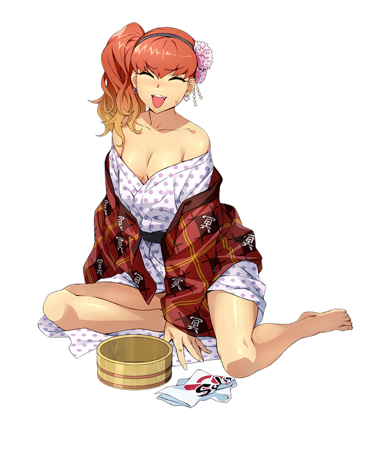 1girl, barefoot, bertha_bernstein, breasts, bucket, cleavage, closed_eyes, collarbone