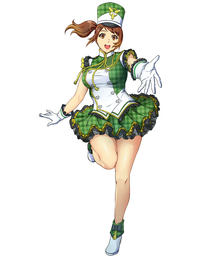 1girl, brown_eyes, brown_hair, dress, floating_hair, full_body, gloves, hair_ornament, hairclip, hat, leg_up, looking_at_viewer, official_art, olive_oppert, open_mouth, outstretched_arm, plaid, plaid_dress, side_ponytail, solo, super_robot_wars, super_robot_wars_x-omega, transparent_background, upper_teeth, watanabe_wataru, white_gloves